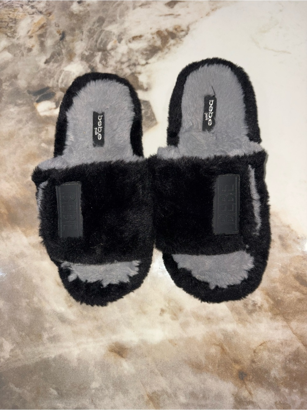 bebe Black Faux Fur Slide Slippers with Gray Insole